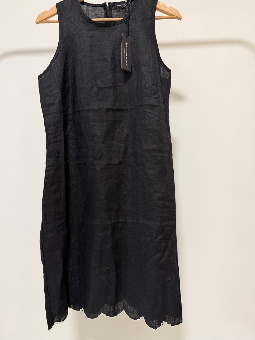 Sleeveless Black Linen Blend Shift Dress WithA White Border- Lightweight Classic